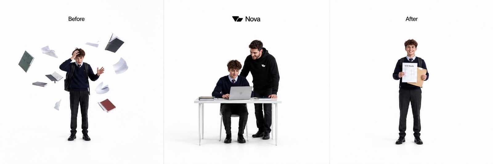 Three-part Nova campaign image: a learner surrounded by schoolwork, working with a tutor, and holding results.