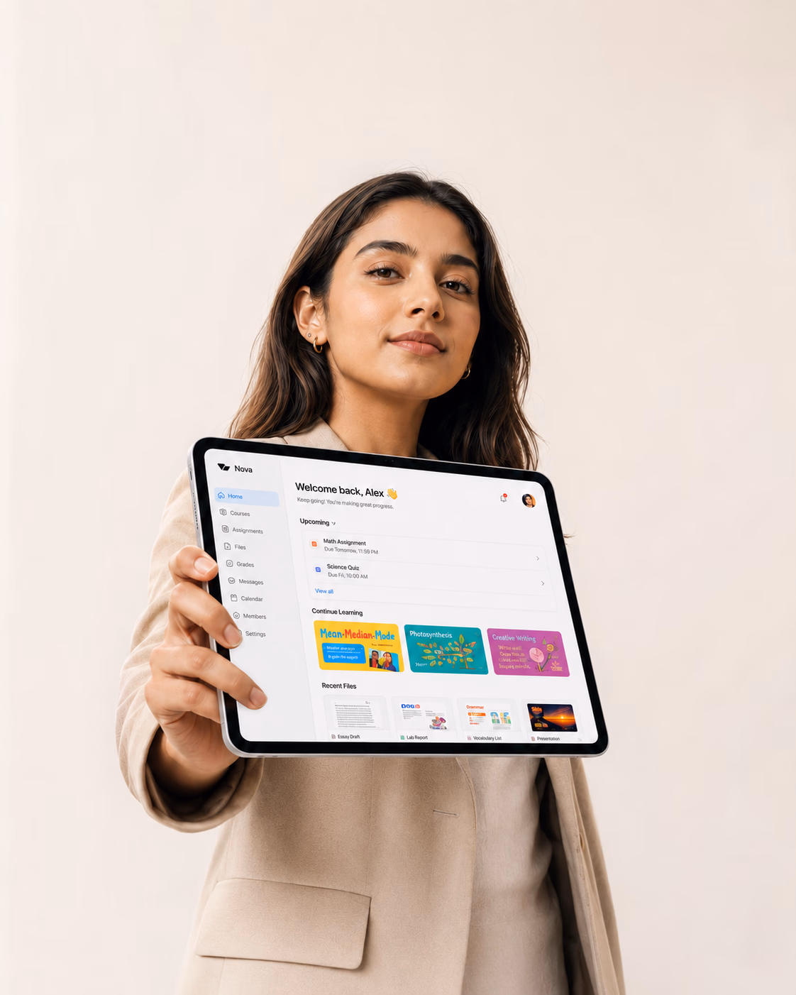A learner holding a tablet with Nova learning tools